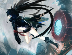 Rule 34 | 10s, 1girl, arm cannon, armband, baraen, black gloves, black hair, black rock shooter, black rock shooter (character), black rock shooter (game), blue eyes, boots, gloves, hood, hoodie, jacket, mecha musume, midriff, short shorts, shorts, solo, twintails, weapon