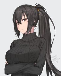 Rule 34 | 1girl, alternate costume, alternate hairstyle, artist name, black hair, black sweater, breasts, brown eyes, crossed arms, dated, grey background, kantai collection, large breasts, long hair, nagato (kancolle), ponytail, ribbed sweater, rokuwata tomoe, signature, simple background, solo, sweater, turtleneck, turtleneck sweater, twitter username, upper body