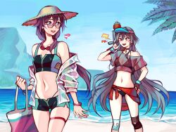 Rule 34 | 2girls, absurdres, alternate costume, bag, bare shoulders, beach, bikini, black bikini, black choker, black shorts, black sports bra, blue eyes, blue hair, blue sky, catsanie, choker, coconut tree, fu hua, fu hua (herrscher of sentience), glasses, green shorts, green sports bra, grey hair, hair between eyes, hand on own hip, hat, highres, holding, holding bag, holding water gun, honkai (series), honkai impact 3rd, island, jacket, jacket over swimsuit, jewelry, light blush, long hair, looking at another, low-tied long hair, low ponytail, midriff, multicolored clothes, multicolored hair, multicolored shorts, multicolored sports bra, multiple girls, navel, necklace, object on head, ocean, off shoulder, open clothes, open jacket, open mouth, palm tree, pink bag, playing sports, ponytail, red eyes, see-through, short shorts, shorts, sky, sleeveless, sports bra, stomach, straw hat, streaked hair, swimsuit, thighs, tree, visor cap, water gun, white hair, yellow pupils