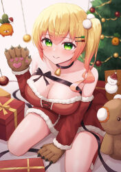 Rule 34 | 1girl, animal hands, arm support, arms between legs, bell, black choker, blonde hair, box, breasts, character doll, choker, christmas, christmas tree, cleavage, closed mouth, detached sleeves, dress, fang, fang out, fur-trimmed dress, fur-trimmed sleeves, fur trim, gift, gift box, gloves, green eyes, hair ornament, hairclip, highres, hololive, kneeling, large breasts, long hair, looking at viewer, momosuzu nene, neck bell, nekko (momosuzu nene), official alternate costume, official alternate hairstyle, paw gloves, pom pom (clothes), pom pom hair ornament, red dress, red sleeves, santa costume, santa dress, side ponytail, skin fang, smile, solo, strapless, strapless dress, typho, virtual youtuber