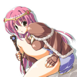 Rule 34 | 1girl, blue skirt, breasts, brown gloves, capelet, dutch angle, from side, fur, gloves, head tilt, high wizard (ragnarok online), holding, large breasts, long hair, long sleeves, looking at viewer, miniskirt, pink hair, ragnarok online, simple background, sitting, skirt, solo, white background
