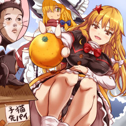 Rule 34 | 1boy, 2girls, :d, apron, azusa (cookie), black panties, blonde hair, blue bow, blush, bow, bowtie, box, braid, breasts, brown eyes, cardboard box, cat, cleavage, closed mouth, commentary request, cookie (touhou), crescent, dual persona, enperuto (yarumi), food, frilled apron, frills, fruit, green eyes, hair bow, hair ornament, hair over one eye, hat, highres, holding, holding food, holding fruit, impossible clothes, kirisame marisa, kneeling, large breasts, long hair, long sleeves, looking at another, manatsu no yo no inmu, mandarin orange, mars (cookie), medium breasts, meme, multiple girls, neta, one eye covered, open mouth, panties, pantyshot, realistic, red bow, red bowtie, side braid, single braid, sitting, smile, star (symbol), star hair ornament, sweat, touhou, translation request, underwear, whiskers, white apron, white bow, witch hat, yajuu senpai