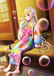 Rule 34 | 1girl, absurdres, architecture, arm support, barefoot, blonde hair, blush, bubble, blowing bubbles, bubble pipe, east asian architecture, floral print, grass, hairband, hand up, highres, japanese clothes, kimono, lolita hairband, long hair, looking afar, obi, original, outdoors, porch, purple hair, sash, sitting, soap bubbles, solo, tubakiyumi, very long hair