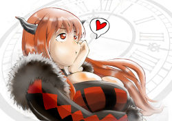 Rule 34 | 10s, 1girl, :t, argyle, bayeuxman, breasts, brown hair, head rest, cleavage cutout, clothing cutout, demon girl, dress, feather boa, heart, horns, huge breasts, long hair, maou (maoyuu), maoyuu maou yuusha, pout, red eyes, solo, spoken heart