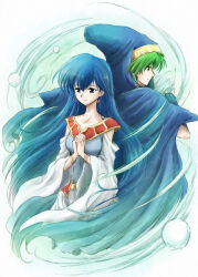Rule 34 | 1boy, 1girl, back-to-back, blue cloak, blue eyes, blue hair, cloak, commentary request, dress, earrings, elice (fire emblem), fire emblem, fire emblem: mystery of the emblem, fire emblem: shadow dragon and the blade of light, green hair, jewelry, long hair, merric (fire emblem), nintendo, own hands together, red-50869, white dress, wind