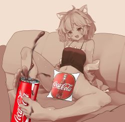 Rule 34 | 1girl, ahoge, animal ear fluff, animal ears, bare shoulders, barefoot, bottomless, breasts, camisole, can, cat ears, cat girl, censored, cleavage, coca-cola, collarbone, company name, couch, drink can, feet, hair between eyes, highres, hood, hoodie, legs up, long sleeves, medium hair, monochrome, navel, novelty censor, nyatasha nyanners, on couch, open clothes, open hoodie, open mouth, out of frame, pillow, pink hair, pompmaker1, sepia, sexually suggestive, simulated footjob, sitting, small breasts, soda bottle, soda can, solo focus, spread legs, suggestive fluid, sweat, toes, virtual youtuber, vshojo, wet