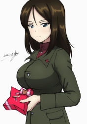 Rule 34 | 1girl, black hair, blue eyes, blush, breasts, bukkuri, closed mouth, dated, girls und panzer, large breasts, long hair, looking at viewer, military, military uniform, nonna (girls und panzer), pravda military uniform, simple background, smile, solo, uniform, upper body, valentine, white background