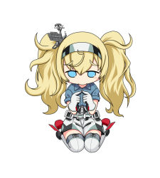 Rule 34 | 1girl, blonde hair, blue eyes, blue shirt, blush, chibi, collared shirt, commentary request, fingers together, furrowed brow, gambier bay (kancolle), gloves, hair between eyes, index fingers together, kantai collection, long hair, shirt, short sleeves, simple background, sitting, solo, thighhighs, twintails, very long hair, wariza, white background, white gloves, white thighhighs, wing collar, yakuto007