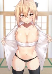 Rule 34 | 1girl, ahoge, black bow, black panties, black thighhighs, blonde hair, blouse, blurry, blurry background, blush, bow, breasts, cleavage, collarbone, cowboy shot, danimaru, fate/grand order, fate (series), groin, hair between eyes, hair bow, highres, indoors, japanese clothes, looking at viewer, medium breasts, navel, okita souji (fate), okita souji (koha-ace), open clothes, open shirt, panties, sarashi, shirt, short hair, skindentation, smile, solo, standing, stomach, thighhighs, toned, underwear, white shirt, yellow eyes