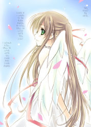 Rule 34 | 00s, blush, brown hair, cherry blossoms, code geass, green eyes, hard-translated, long hair, petals, profile, shirley fenette, smile, third-party edit, translated, wings, yukian