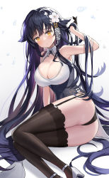 Rule 34 | 1girl, absurdres, aged down, ass, azuma (azur lane), azur lane, bad id, bad pixiv id, bare shoulders, black gloves, breasts, cleavage, cleavage cutout, clothing cutout, flower, garter straps, gloves, hair flower, hair ornament, hand in own hair, high heels, highres, hyoin, large breasts, long hair, orange eyes, purple hair, shiny skin, shoes, simple background, sleeveless, solo, thighhighs, very long hair, white background, white flower, white footwear