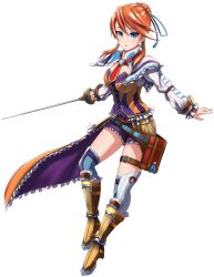 Rule 34 | 1girl, absurdres, blue eyes, blue ribbon, blue thighhighs, braid, braided bun, breasts, bustier, earrings, frilled shorts, frills, full body, hair between eyes, hair bun, hair ribbon, highres, holding, holding sword, holding weapon, jewelry, laxia (ys), long sleeves, medium breasts, necktie, open mouth, orange hair, purple shorts, rapier, red necktie, ribbon, short hair with long locks, short shorts, shorts, solo, standing, swept bangs, sword, thigh strap, thighhighs, transparent background, waist cape, wavefile, weapon, ys, ys viii lacrimosa of dana