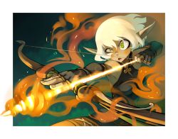 Rule 34 | 1girl, aiming, arrow (projectile), bare shoulders, blonde hair, border, bow, bow (weapon), cra (wakfu), evangelyne (wakfu), fingerless gloves, fire, fire, freckles, gloves, green eyes, official art, out of frame, pointy ears, raised eyebrow, short hair, solo, unitard, vambraces, wakfu, weapon, xaxaxa