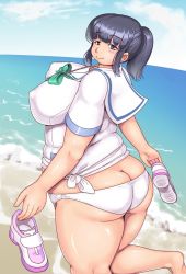 Rule 34 | 1girl, ahoge, ass, beach, black hair, blue eyes, blush, breasts, butt crack, covered erect nipples, day, fat, fat rolls, highres, huge ass, huge breasts, itou yukino, looking at viewer, looking back, orizen, panties, ponytail, puffy nipples, real drive, school uniform, seductive smile, serafuku, shoes, unworn shoes, smile, solo, thick thighs, thighs, underwear, white panties