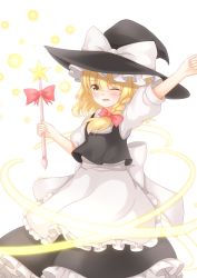 Rule 34 | 1girl, ;d, absurdres, apron, bad id, bad pixiv id, blonde hair, blouse, blush, bow, frilled skirt, frills, hat, hat bow, hat ribbon, highres, kirisame marisa, long hair, long skirt, one eye closed, open mouth, puffy short sleeves, puffy sleeves, ribbon, shirt, short sleeves, skirt, skirt set, smile, solo, touhou, unira, vest, waist apron, wand, witch hat, yellow eyes