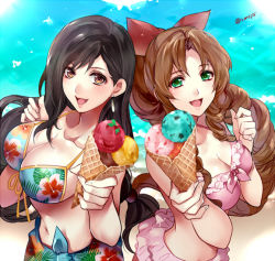Rule 34 | 1990s (style), 2girls, aerith gainsborough, back-to-back, bikini, black hair, bow, breasts, brown eyes, brown hair, cleavage, costa del sol, curly hair, final fantasy, final fantasy vii, food, green eyes, hair bow, ice cream, ice cream cone, large breasts, long hair, looking at viewer, multiple girls, navel, open mouth, retro artstyle, smile, stomach, swimsuit, tama (tmfy5), tifa lockhart, water