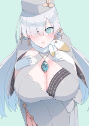 Rule 34 | 1girl, :d, akitokage, alternate breast size, alternate costume, anastasia (fate), blue eyes, blush, breasts, capelet, cleavage, commentary request, dress, earrings, eyes visible through hair, fate/grand order, fate (series), from above, gloves, green background, grey capelet, grey hat, grey skirt, hair ornament, hair over one eye, hands on own breasts, hat, highres, huge breasts, jewelry, large breasts, long hair, looking at viewer, necklace, open mouth, pendant, simple background, skirt, smile, solo, white gloves