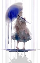 Rule 34 | 1girl, absurdres, apron, barefoot, blonde hair, blue dress, closed mouth, dress, dripping, closed eyes, full body, highres, holding, holding umbrella, kagerou project, kozakura marry, long hair, long sleeves, messy hair, reflection, smile, solo, standing, umbrella, very long hair, white background, yi yu