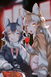 Rule 34 | 2girls, absurdres, ahoge, akuma (st.takuma), alcohol, animal ears, black hair, blue eyes, blush, breasts, brown hair, cup, drinking glass, closed eyes, fang, food, fur collar, gloves, glowing, glowing eyes, grey wolf (kemono friends), heterochromia, highres, japanese wolf (kemono friends), kemono friends, long hair, looking at viewer, meat, multicolored hair, multiple girls, necktie, open mouth, plaid neckwear, sitting, skirt, smile, tail, tongue, two-tone hair, white gloves, white hair, wine, wine glass, wolf ears, wolf girl, wolf tail, yellow eyes