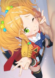 Rule 34 | 10s, 1girl, ;d, aikatsu!, aikatsu! (series), aikatsu stars!, bandai namco, black thighhighs, blonde hair, blush, boots, braid, censored, cum, cum on body, cum on clothes, cum on hair, cum on upper body, double v, epaulettes, facial, from above, green eyes, hair bobbles, hair ornament, handjob, hetero, highres, kneeling, long hair, looking at viewer, looking up, mosaic censoring, nikaido yuzu, one eye closed, open mouth, penis, penis on face, side braid, single braid, skirt, smile, solo focus, suzume inui, thighhighs, tongue, tongue out, twintails, uniform, v