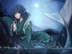 Rule 34 | 1girl, against rock, blue eyes, blue hair, branch, bubble, fins, frilled kimono, frills, head fins, japanese clothes, kimono, lying, matching hair/eyes, mermaid, monster girl, obi, parted lips, partially submerged, sash, sky, solo, touhou, tsuizi, wakasagihime, water