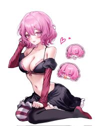 Rule 34 | 1girl, :p, black bra, black skirt, black thighhighs, bra, breasts, chewing gum, closed mouth, hair between eyes, highres, indie utaite, lie 07, long sleeves, looking at viewer, medium breasts, navel, nqrse, pink eyes, pink hair, red sleeves, short hair, skirt, smile, solo, stomach, striped clothes, striped thighhighs, thighhighs, tongue, tongue out, underwear, utaite