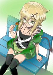 Rule 34 | 1girl, akatsuki kirika, bench, bespectacled, black thighhighs, breasts, cleavage, demon tail, food, from above, glasses, green-framed eyewear, green background, green hoodie, green shorts, hair ornament, hood, hoodie, jewelry, looking at viewer, medium breasts, necklace, robisonjr, senki zesshou symphogear, short hair, short hair with long locks, short shorts, shorts, sitting, smile, solo, tail, takoyaki, thighhighs, x hair ornament