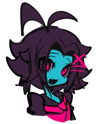 Rule 34 | 1girl, ayekakachan, blue skin, colored skin, drooling, expressionless, fang, hair ornament, hair strand, hairclip, monster girl, open mouth, original, pink eyes, purple hair, saliva, simple background, sketch, solo, upper body, white background, x hair ornament, zombie