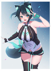 Rule 34 | 1girl, :d, animal ear fluff, animal ears, aqua eyes, aqua hair, bare shoulders, black hair, border, breasts, character request, commentary, confetti, detached sleeves, fang, fingerless gloves, gloves, hand up, highres, kirou (kiruyuu1210), large breasts, light blush, looking at viewer, multicolored hair, open mouth, original, out of frame, parted bangs, ponytail, short shorts, shorts, single sleeve, sleeveless, smile, solo, sparkle, star (symbol), streaked hair, tail, thighhighs, two-tone hair, v, white border