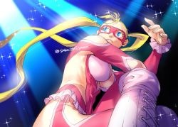 Rule 34 | 1girl, alternate color, blonde hair, blue eyes, boots, breasts, cleavage, domino mask, lace, lace-trimmed legwear, lace trim, crossed legs, leotard, long hair, looking to the side, mask, pink leotard, rainbow mika, solo, street fighter, street fighter v, tombsakura, twintails, white footwear, wrestling outfit