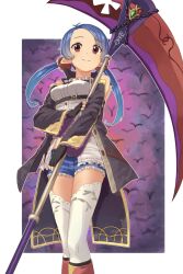 Rule 34 | 1girl, ahoge, belt, bird, black belt, black cape, black gloves, blue hair, border, breasts, brown eyes, buttons, cape, chest belt, closed mouth, coat, denim, denim shorts, detached sleeves, dot nose, fingerless gloves, forehead, gloves, gold trim, highres, holding, holding weapon, izumi (ko8), kama (weapon), light smile, long hair, long sleeves, looking at viewer, original, outline, pointy ears, purple background, shirt, short shorts, shorts, sickle, small breasts, solo, standing, thighhighs, twintails, weapon, white border, white outline, white shirt, white thighhighs