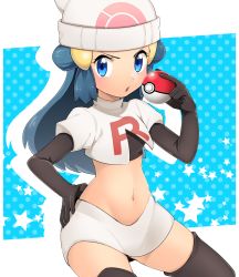 Rule 34 | &gt;:o, 1girl, :o, alternate costume, ameiro pk, beanie, black gloves, black thighhighs, blue eyes, blue hair, blush, breasts, cosplay, cowboy shot, creatures (company), crop top, dawn (pokemon), elbow gloves, frown, game freak, gloves, hair ornament, hand on own hip, hat, holding, holding poke ball, jessie (pokemon), jessie (pokemon) (cosplay), long hair, looking at viewer, midriff, miniskirt, navel, nintendo, open mouth, poke ball, poke ball (basic), pokemon, pokemon (anime), pokemon dppt (anime), polka dot, polka dot background, puffy sleeves, short sleeves, simple background, skirt, small breasts, solo, star (symbol), stomach, team rocket, team rocket (cosplay), team rocket uniform, thighhighs, v-shaped eyebrows, white background, white hat