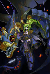 Rule 34 | 1girl, belt, dark background, doll joints, duel monster, el shaddoll winda, expressionless, floating, green eyes, green hair, highres, holding, holding staff, joints, long hair, mime 404, ponytail, pulao wind of the yang zing, puppet strings, sharp teeth, sidelocks, staff, teeth, tusks, wide sleeves, winda (yu-gi-oh!), wings, yu-gi-oh!