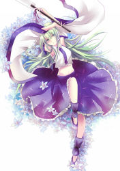 Rule 34 | 1girl, armpits, arms up, blue skirt, collared shirt, detached sleeves, flower, frog hair ornament, gohei, green eyes, green hair, hair between eyes, hair ornament, hair tubes, highres, kochiya sanae, long hair, long sleeves, looking at viewer, lying, navel, nga (ray ray), nontraditional miko, on back, parted lips, sarashi, shirt, skirt, sleeveless, sleeveless shirt, snake hair ornament, solo, stomach, touhou, white shirt, wide sleeves