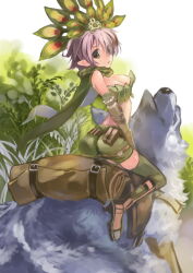 Rule 34 | 1girl, ass, belt, boots, breasts, brown belt, brown footwear, cleavage, commentary request, full body, gloves, grass, green gloves, green scarf, green shorts, green thighhighs, green tube top, headdress, light purple hair, looking at viewer, looking back, medium breasts, okishiji en, open mouth, pouch, ragnarok online, ranger (ragnarok online), riding, saddle, scarf, short hair, shorts, solo, strapless, thighhighs, tube top, twisted torso, wolf, yellow eyes