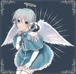 1girl ahoge angel angel_wings blue_capelet blue_dress blue_eyes blue_gemstone blue_hair blue_stripes border braid braided_ponytail brooch capelet character_request charm_angel check_gender clenched_hand commentary_request cowboy_shot double-parted_bangs dress elbow_gloves emphasis_lines epaulettes frilled_dress frills fringe_trim gem gender_request gloves grey_background hair_between_eyes hair_ribbon hand_up jewelry koto_(shiberia39) leaning_forward leggings light_blush light_frown long_hair looking_at_viewer parted_lips ribbon shoulder_boards simple_background single_horizontal_stripe solo thighhighs white_border white_gloves white_leggings white_ribbon white_trim wings zettai_ryouiki