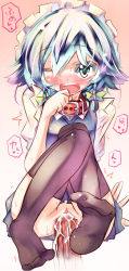 Rule 34 | blue eyes, blue hair, blush, bow, clothed sex, collar, cum, cum in pussy, hair bow, izayoi sakuya, long image, maid headdress, multicolored hair, no panties, penis, pussy, sex, short hair, tall image, text focus, thighhighs, tora, touhou, uncensored, vaginal, wince