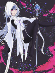 Rule 34 | 1girl, absurdres, astonfe, black background, breasts, fate/grand order, fate (series), grey hair, hair between eyes, highres, hood, long hair, looking at viewer, mage staff, merlin (fate/prototype), merlin (fate/prototype) (first ascension), outstretched leg, pantyhose, small breasts, smile, solo, thighs, wide sleeves