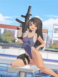 Rule 34 | 1girl, artist name, black hair, blue one-piece swimsuit, brown eyes, chinese commentary, commentary request, commission, competition swimsuit, english text, fang, foot out of frame, full body, gun, h&amp;k mp5, h&amp;k mp5sd, hair ornament, hairpin, hand on own hip, highleg one-piece swimsuit, highres, holding, holding gun, holding weapon, holster, ijiranaide nagatoro-san, looking at viewer, multiple hairpins, nagatoro hayase, one-piece swimsuit, open mouth, outdoors, pool, rosetta(obsidian117), russian text, skin fang, smile, solo, submachine gun, suppressor, swimsuit, tan, tanline, thigh holster, translated, trigger discipline, two-tone swimsuit, weapon, white one-piece swimsuit