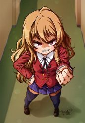 Rule 34 | 1girl, aisaka taiga, angry, artist name, black ribbon, black thighhighs, blazer, blurry, blurry background, blush, breasts, brown footwear, brown hair, buttons, clenched teeth, commentary, dated, depth of field, double-breasted, eyelashes, foreshortening, from above, hallway, hand on own hip, jacket, loafers, long hair, looking at viewer, looking up, neck ribbon, oohashi high school uniform, perspective, pleated skirt, purple skirt, red eyes, red jacket, ribbon, sanpaku, school uniform, scowl, shadow, shoes, signature, skirt, small breasts, solo, stalkingp, standing, teeth, thighhighs, toradora!, tsundere, v-shaped eyebrows, v-shaped eyes, zettai ryouiki