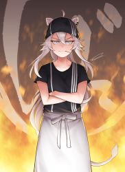 Rule 34 | 1girl, ahoge, animal ears, apron, black hat, collarbone, crossed arms, dasdokter, fire, grey eyes, grey hair, hat, highres, hololive, lion ears, lion girl, lion tail, shishiro botan, smile, solo, tail, toothpick, virtual youtuber, waist apron