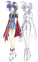 Rule 34 | 1girl, ahoge, arms behind back, azuma mayumi, bare legs, blue dress, blue eyes, blue hair, cape, closed mouth, crescent, crescent hair ornament, dress, full body, hair ornament, crossed legs, looking at viewer, miniskirt, pointy ears, red cape, rena lanford, scan, shirt, shoes, short hair, sketch, skirt, smile, solo, standing, star ocean, star ocean the second story, white footwear, white shirt