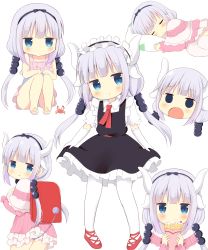 Rule 34 | 1girl, absurdres, alternate costume, backpack, bag, blue eyes, blush, capelet, chutney, commentary request, cosplay, crab, crepe, eating, enmaided, food, frilled swimsuit, frills, from behind, gloves, hair ribbon, highres, horns, jitome, kanna kamui, kobayashi-san chi no maidragon, long hair, looking at viewer, looking back, low twintails, maid, maid headdress, multiple views, one-piece swimsuit, open mouth, pigeon-toed, purple hair, randoseru, ribbon, sandals, simple background, sleeping, swimsuit, tail, tohru (maidragon), tooru (maidragon) (cosplay), twintails, white background, white gloves, white legwear