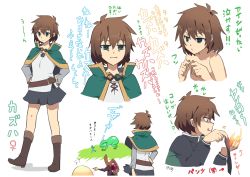 Rule 34 | 1girl, antenna hair, arrow (symbol), belt, blush, boots, brown eyes, brown footwear, brown hair, capelet, character sheet, closed mouth, collarbone, commentary request, creature, darkness (konosuba), evil smile, fleeing, frog, from behind, full body, genderswap, genderswap (mtf), giant toad, green capelet, hands on own hips, hands up, holding, knee boots, kono subarashii sekai ni shukufuku wo!, long sleeves, looking at viewer, megumin, multiple views, pia (5pianno), portrait, satou kazuma, short hair, simple background, skirt, smile, solo focus, standing, toad (animal), translation request, white background