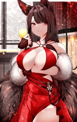 Rule 34 | 1girl, absurdres, akagi (azur lane), akagi (ruby-laced beauty) (azur lane), animal ear fluff, animal ears, arm under breasts, azur lane, bare shoulders, black gloves, breasts, brown hair, cleavage, cocktail glass, cup, dress, drinking glass, evening gown, feather boa, fingerless gloves, gloves, grin, highres, large breasts, light particles, long hair, looking at viewer, o-ring dress, official alternate costume, raised eyebrows, red dress, red eyes, sakura empire (emblem), samip, smile, solo, very long hair, window