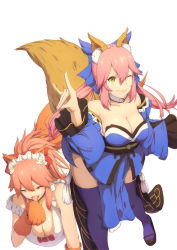 Rule 34 | 10s, 2girls, animal ears, animal hands, bell, blue thighhighs, breasts, cleavage, collar, fang, fate/extra, fate/extra ccc, fate/grand order, fate (series), fox ears, fox shadow puppet, fox tail, hair ribbon, highres, japanese clothes, large breasts, licking, licking finger, long hair, looking at viewer, multiple girls, murumuru (pixiv4724749), neck bell, one eye closed, open mouth, pink hair, ribbon, simple background, tail, tamamo (fate), tamamo cat (fate), tamamo no mae (fate/extra), thighhighs, white background, yellow eyes
