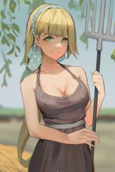Rule 34 | 1girl, bare arms, blonde hair, blue hairband, blurry, blurry background, breasts, brown dress, cleavage, closed mouth, collarbone, commentary request, covered erect nipples, day, dress, freckles, green eyes, hairband, highres, holding, holding pitchfork, large breasts, liangzi tai hongcha, long hair, looking at viewer, original, outdoors, pitchfork, sleeveless, sleeveless dress, smile, solo