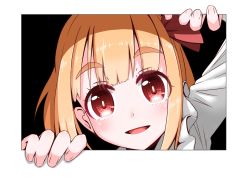 Rule 34 | 1girl, black background, blonde hair, blunt bangs, blush, bright pupils, commentary request, fourth wall, hair ribbon, head tilt, highres, long sleeves, looking at viewer, open mouth, red eyes, ribbon, roco (katsuya1011), rumia, shirt, short hair, solo, thick eyebrows, touhou, white pupils, white shirt
