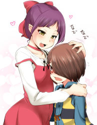 Rule 34 | 1boy, 1girl, age difference, blue shirt, blush, bow, breast press, breasts, brown eyes, brown hair, child, choker, collarbone, crying, dress, fang, gegege no kitarou, hair bow, hair over one eye, heart, height difference, hijiri tsukasa, kitarou, long sleeves, looking at another, nekomusume, open mouth, pointy ears, purple hair, red bow, red choker, red dress, shirt, small breasts, strap slip, tears, translated, white shirt, yellow eyes