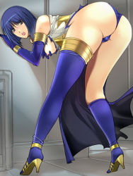 Rule 34 | 1girl, amane hitomi, ass, bad id, bad pixiv id, bent over, blue hair, blue thighhighs, breasts, elbow gloves, gloves, high heels, legs, long legs, looking back, nipples, open mouth, original, pussy juice, sasana, shoes, short hair, solo, thighhighs, thighs, torn clothes